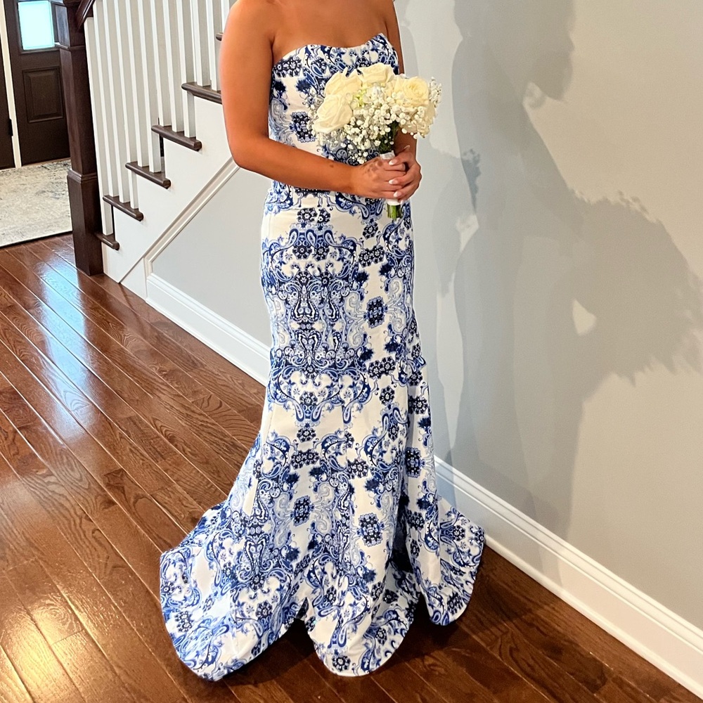 Prom Dress: Strapless Blue and White Floral